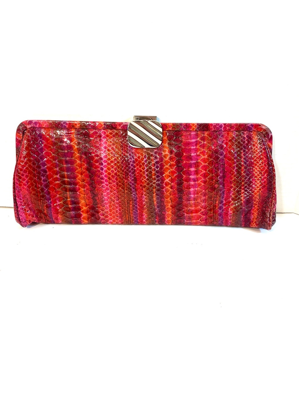 LODIS Pink & Red Snake Print Leather Framed Clutch Bag Purse